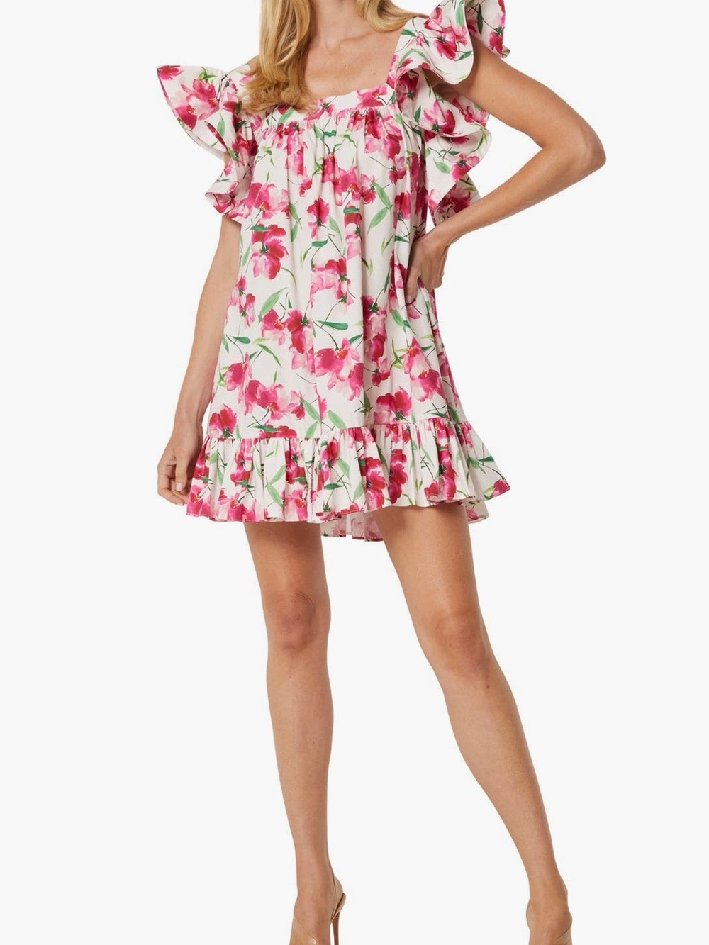 Misa Los Angeles Pink Floral Ruffle Mini Dress on White